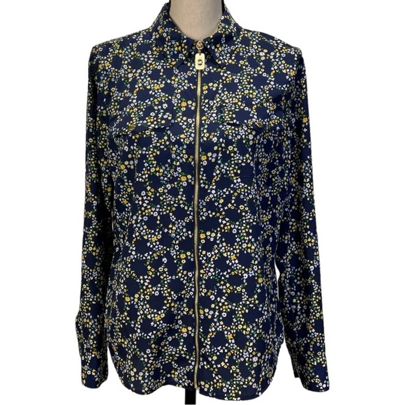 Michael Kors women’s floral print zip front blouse top navy blue size medium - Picture 1 of 11